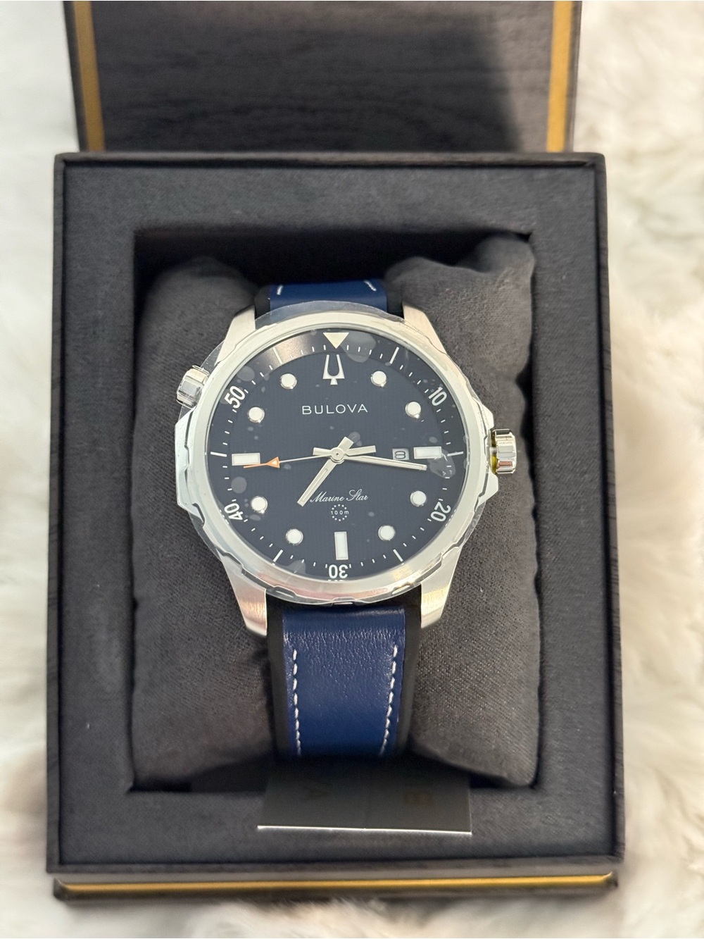 Bulova Marine Star Men’s Watch 96B419 Blue Leather NWT Box